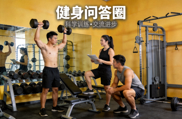 健身问答圈栏目配图，运动爱好者在健身房进行力量训练并交流训练计划